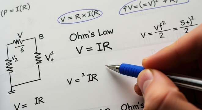 Close-up of Ohms Law equations and circuit diagram.