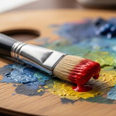 Fototapeta premium Close-up of paintbrush with red paint on wooden palette.