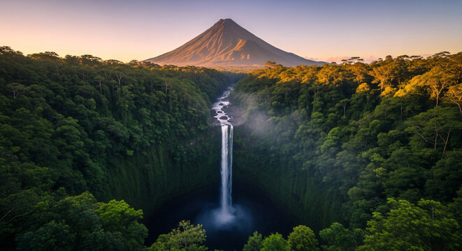 Majestic Waterfall Cascading into Serene Lake surrounded by Lush Forest and Mountain Landscape