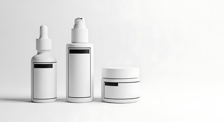 Three minimalist white cosmetic packaging bottles and jars mockup featuring blank black label areas for product branding presentation on transparent background