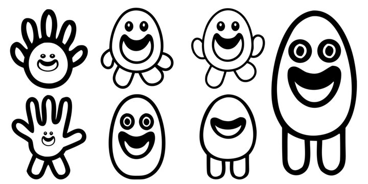 Simple monster line art icons and characters in black and white outline style