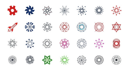 abstract geometric symbols and diverse radial patterns graphic design elements for modern ui ux technology and branding.