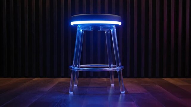 A sleek, illuminated bar stool sits alone in a dark room with a blue glow, captured in a captivating video.