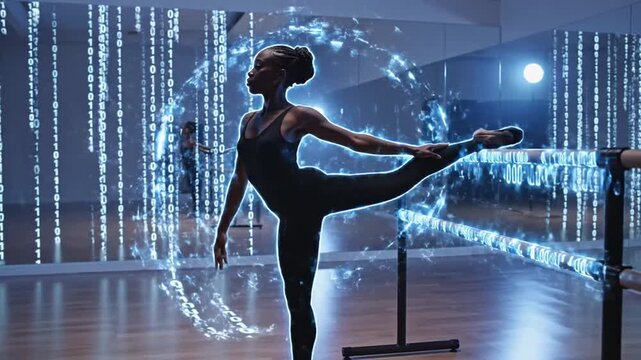 Black woman dancing with digital aura and binary code