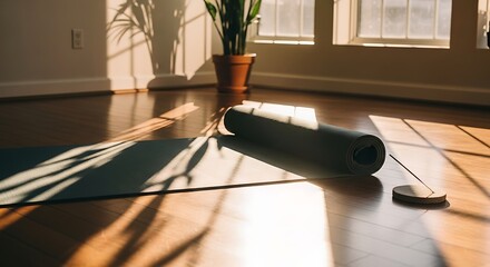 Partially unrolled dark green yoga or exercise mat sitting on a bright wooden floor illuminated by strong morning sunlight streaming through interior windows on transparent background