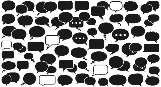 black and white seamless pattern of speech bubbles and thought balloons symbolizing digital communication online chat and social interaction.