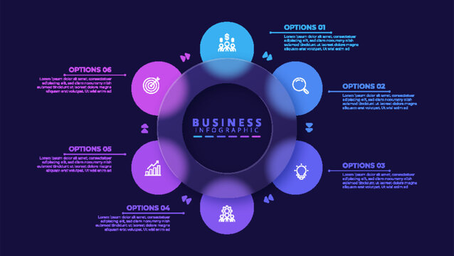 Infographic label design template featuring icons and six distinct steps. Ideal for process charts, presentation slides, workflow schemes, banners, flow diagrams, and data visualizations.