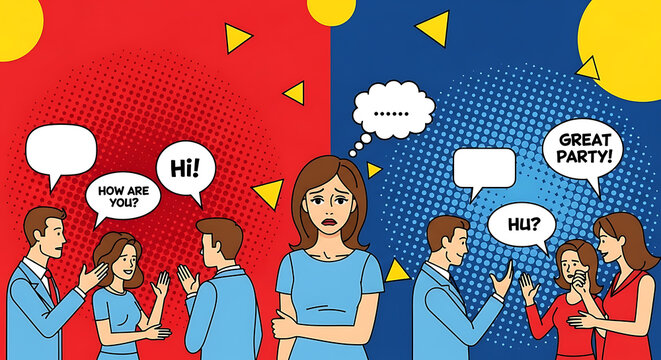 Anxious Woman at Party Pop Art for Social Anxiety Concept, mental health articles, therapy resources, and wellness campaigns.