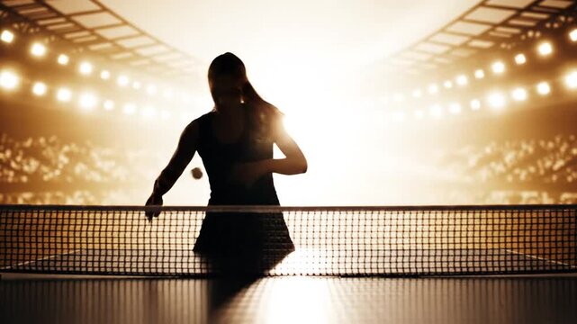 Female athlete playing ping pong in dramatic stadium light