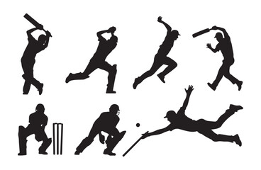 Cricket player silhouettes collection showing batting bowling fielding and wicketkeeping action positions