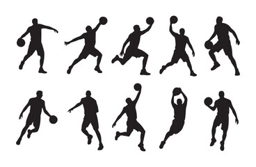 Set of basketball players silhouettes in action poses, isolated on a white background © Sen