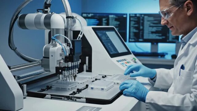 Scientist uses robotic arm for precise liquid handling in laboratory
