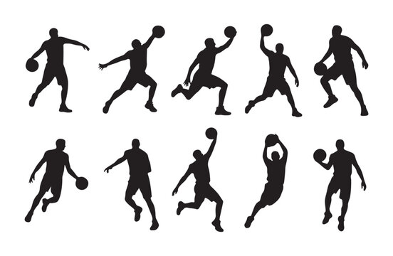Set of basketball players silhouettes in action poses, isolated on a white background
