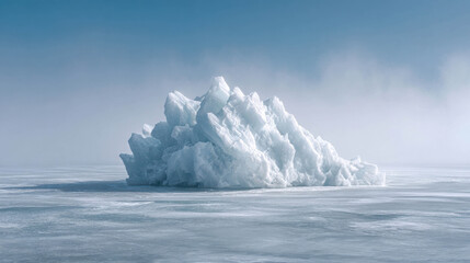 Majestic Iceberg Floating in a Serene Arctic Landscape Under a Clear Blue Sky Surrounded by Soft Mist and Sparkling Frozen Ocean