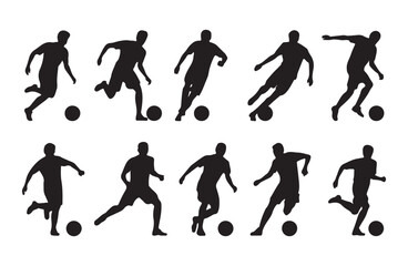 Male soccer player silhouettes collection showing football athletes running kicking and dribbling ball