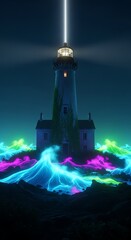 Lighthouse Beacon Illuminating the Night Sky with Colorful Waves.