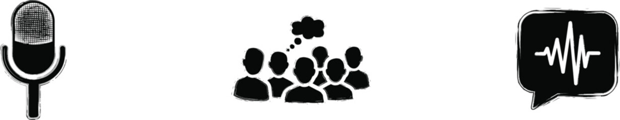 Media and Community Icon Set with Podcast Microphone, Community Group and Voice Message