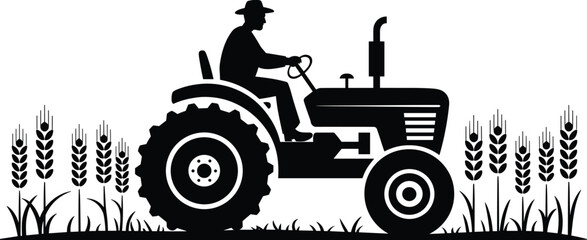 Farmer driving tractor in wheat field silhouette vector illustration, agriculture farming machinery rural landscape harvest concept black and white graphic design © Vector's World
