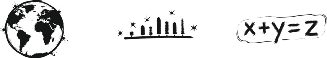 Education and Science Icon Set with Geography Globe, Science Experiment and Math Equation