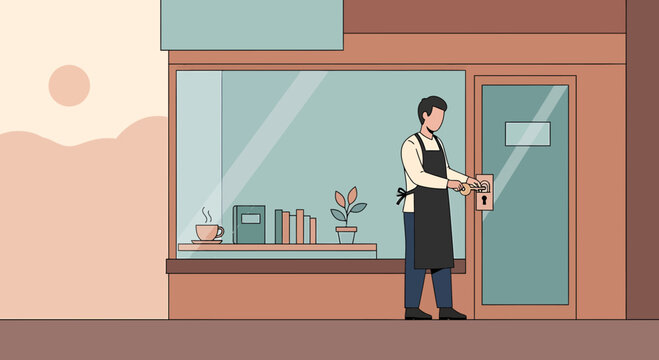 Male shopkeeper locking up store at sunset, small business closing time, end of workday