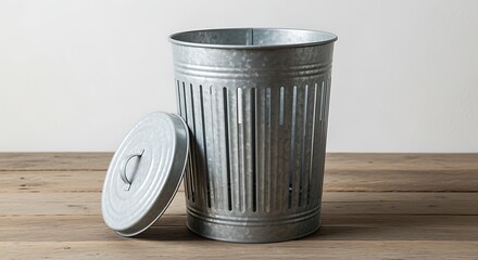Metal Trash Can with Lid on Wooden Surface in Minimalist Kitchen or Office Setting