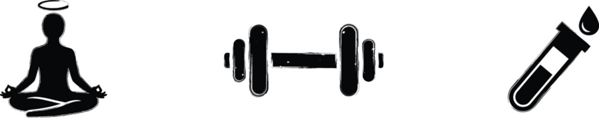 Fitness and Science Icon Set with Yoga Meditation, Fitness Dumbbell and Laboratory Test Tube