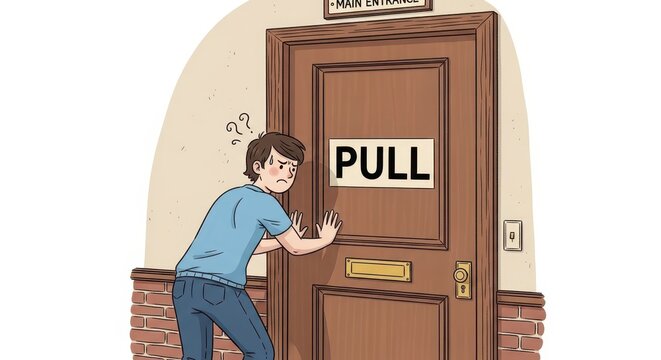 Confused young man incorrectly pushes against a wooden doorway clearly marked with an instruction to pull