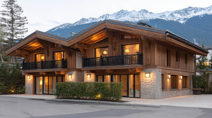 Cozy wooden chalet in serene mountain setting with snow-capped peaks and lush greenery, perfect for winter retreat or outdoor adventure getaway