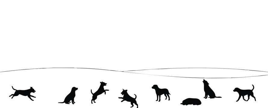 Dogs Running and Playing Silhouette Illustration.