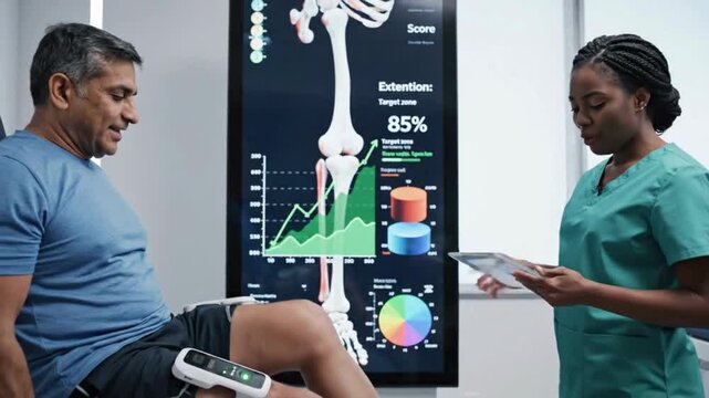 Therapist monitors patient knee rehabilitation progress on digital display