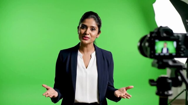 Woman speaking on green screen with camera recording footage