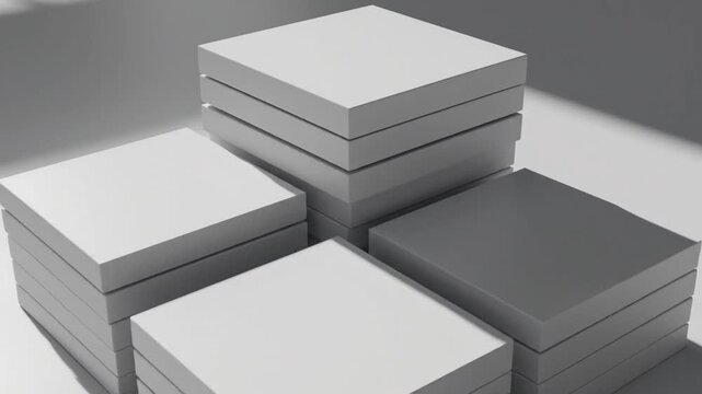 Four white square display platforms with abstract shadow patterns
