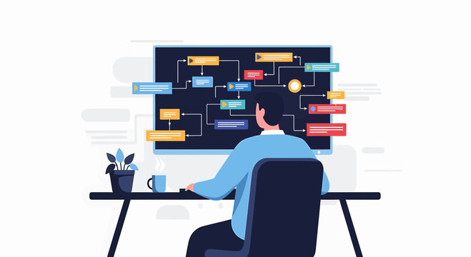 Man working on complex flowchart on computer, remote work, business planning