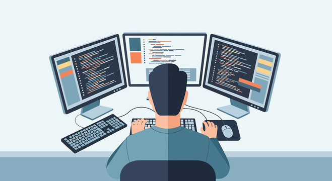 Programmer working on multiple computer screens with code