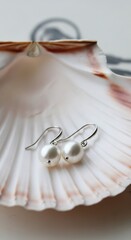 Elegant drop earrings featuring smooth white beads resting inside a curved seashell.