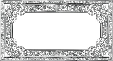  described features a rectangular frame adorned with an ornate floral design, characterized by intricate leaf patterns and geometric motifs. The black and white color scheme creates a striking contras © Meshkat