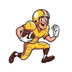 Cartoon American Football Player in Yellow Uniform Running with Ball