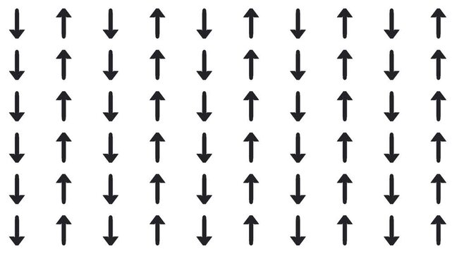 The screen displays vertical rows of arrows. The pointers switch directions, either up or down. Simulation of an electromagnetic field or physical phenomenon.