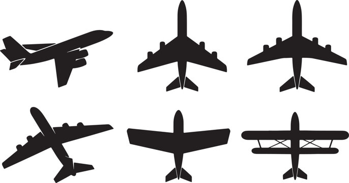 Black Solid Airplane Wing Configurations Silhouettes Set of Six on White Background