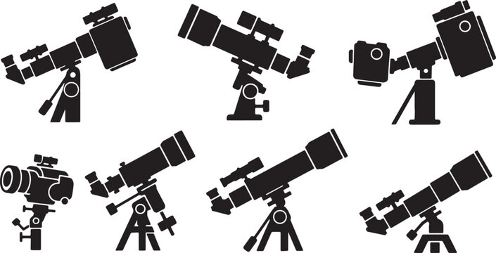 Black Solid Astronomical Camera Silhouettes Set of Six on White Background