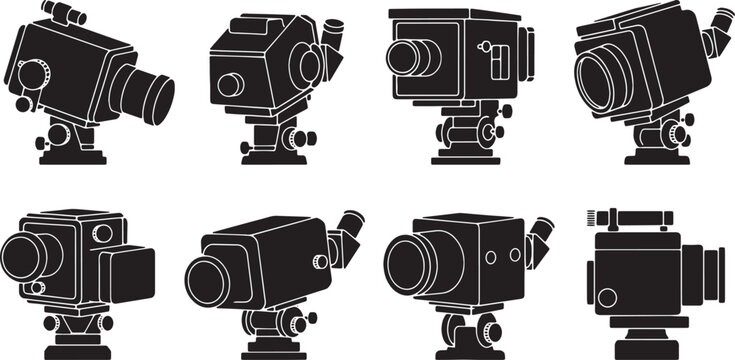 Black Solid Astronomical Guiding Camera Silhouettes Set of Six on White Background