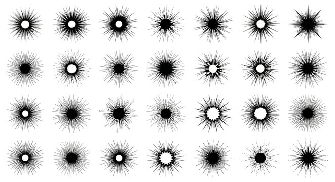 black sunburst starburst explosion graphics featuring radiating lines and textured effects ideal for graphic design assets.