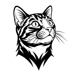Fototapeta premium Stunning Black and White Tattoo Style Illustration of a Tabby Cat's Head Looking Up
