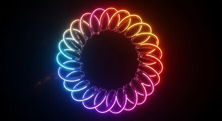 Abstract glowing neon circular spring shape rendering a vibrant spectrum of colorful light rings rotating slowly in deep space on transparent background