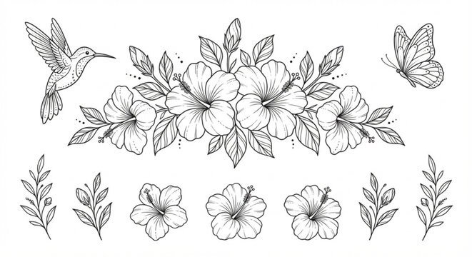 Hand-drawn botanical line art set featuring hibiscus flowers, a graceful hummingbird, and a delicate butterfly, ideal for tropical floral design