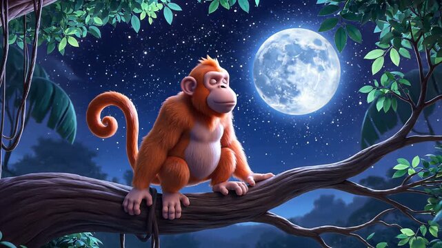 A cartoon orange monkey dancing on a tree branch under the full moon in a serene forest setting