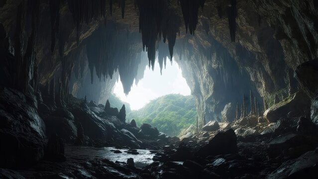 Dark cave mouth revealing a sunlit valley