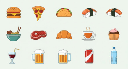 Collection of delicious food and drink icons flat design.