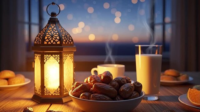 Ramadan suhoor table with dates lantern and milk at sunset