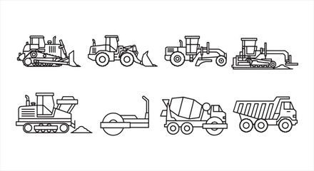 Construction Vehicle Icon Set – Heavy Machinery Line Vector for Engineering and Infrastructure Work © RNB DESIGN